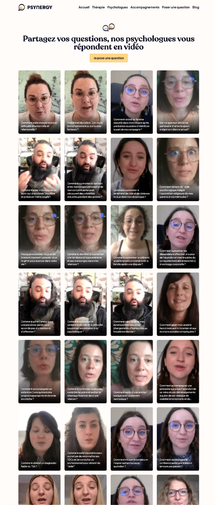 Aperçu de la liste des réponses aux vidéos sur psynergy.fr